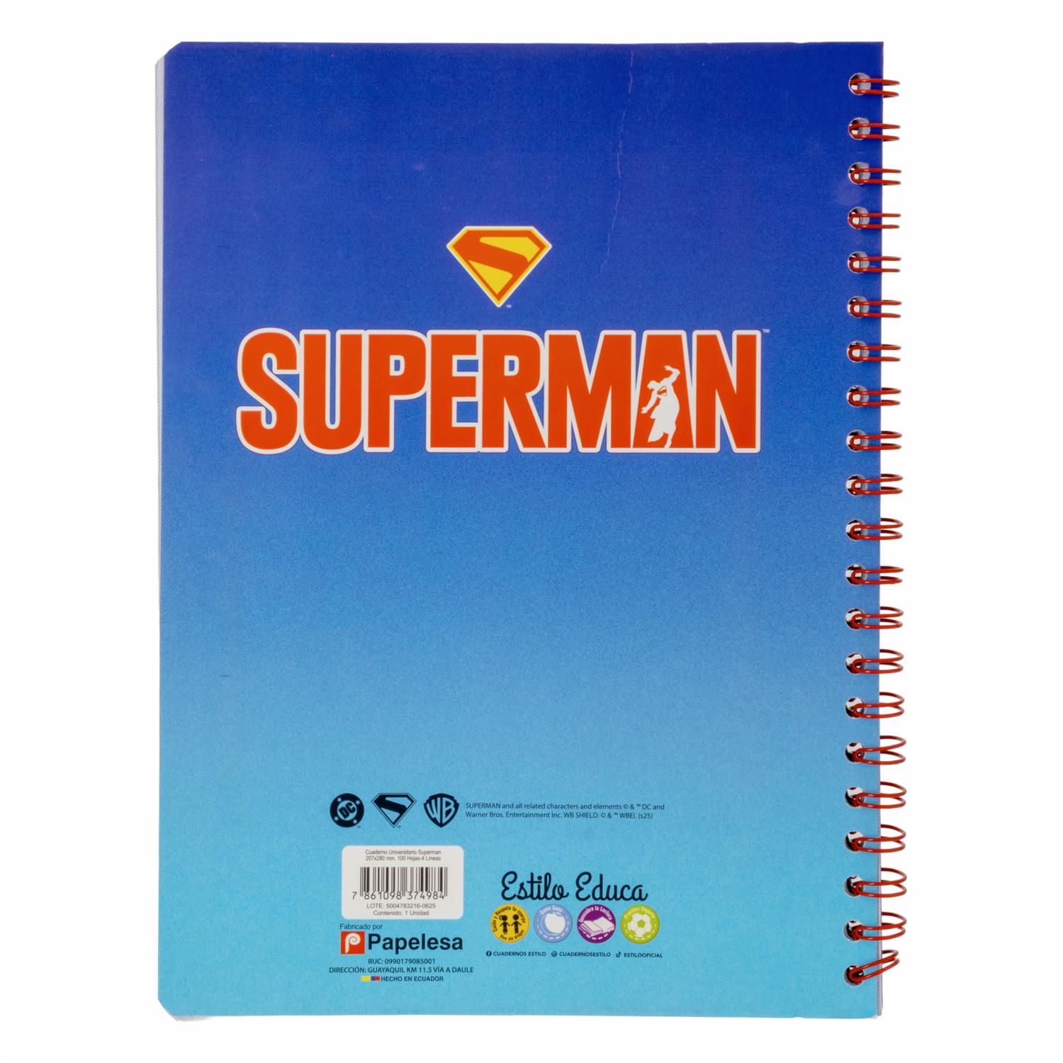 Cuaderno Universitario 4 Líneas Superman ESTILO 100 Hojas