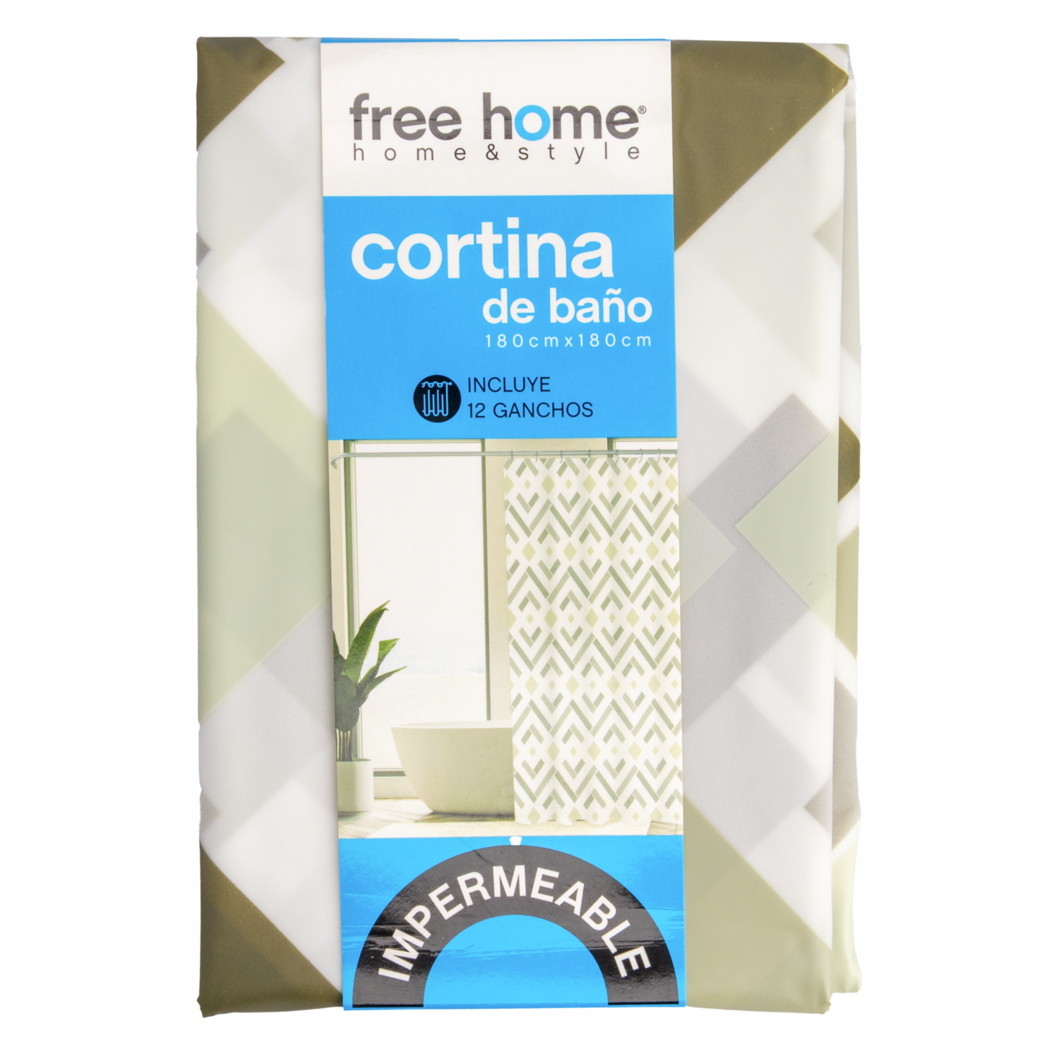 Cortina De Baño Rombos Verde Oliva FREE HOME 180X180 CM - Imagen 2
