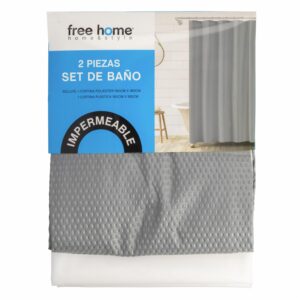 Set Cortina De Baño Premium Gris 1 Poliester+1 Plastica FREE HOME 2 Piezas