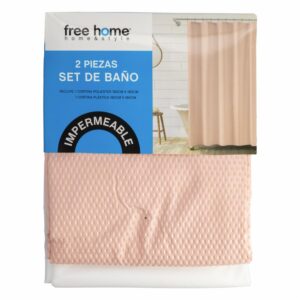 Set Cortina De Baño Premium Rosa 1 Poliester+1 Plastica FREE HOME 2 Piezas