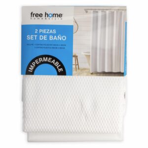 Set Cortina De Baño Premium Blanca 1 Poliester+1 Plastica FREE HOME 2 Piezas