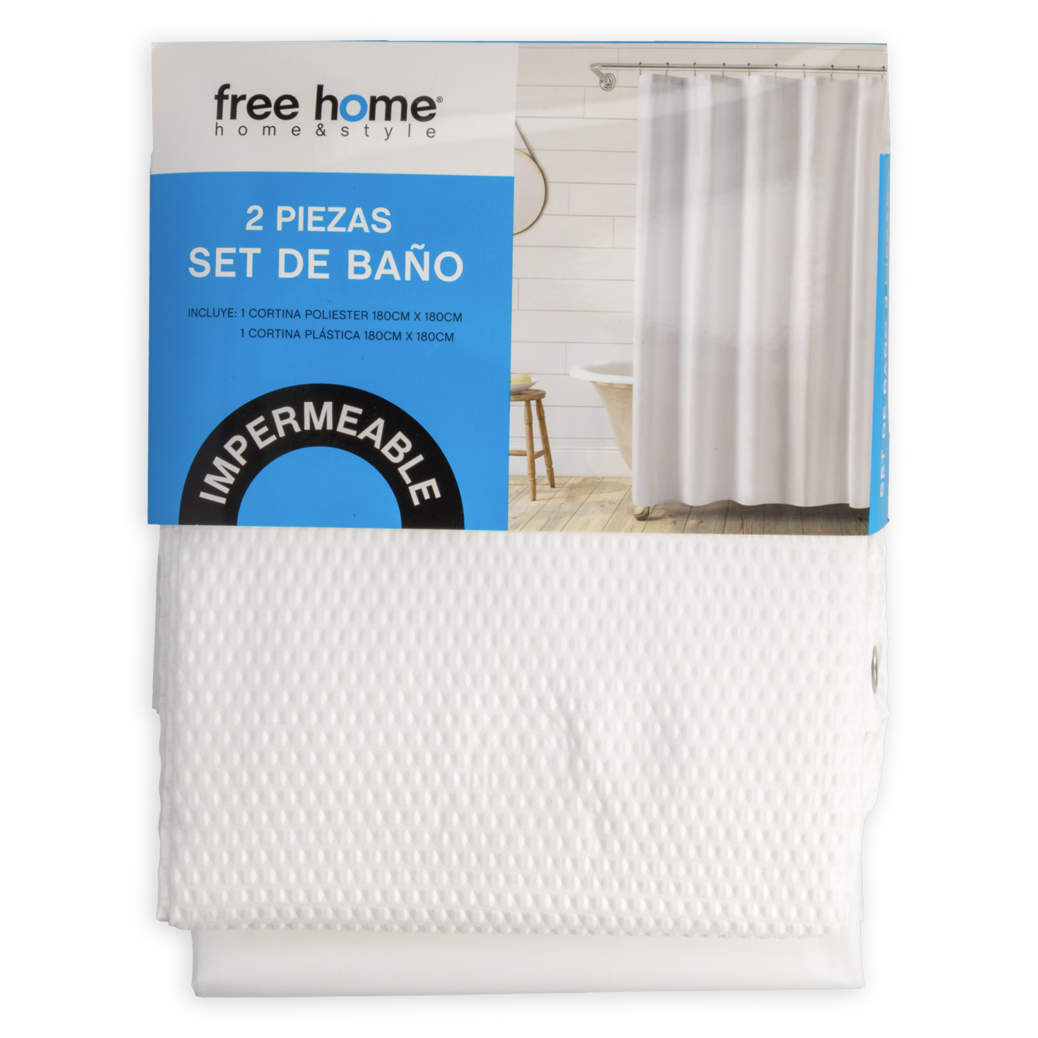 Set Cortina De Baño Premium Blanca 1 Poliester+1 Plastica FREE HOME 2 Piezas - Imagen 2