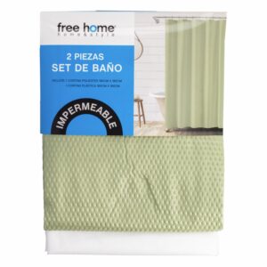 Set Cortina De Baño Premium Verde 1 Poliester+1 Plastica FREE HOME 2 Piezas