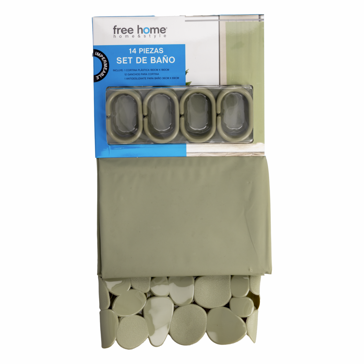 Set De Baño Cortina+Antideslizante Verde FREE HOME 2 Piezas - Imagen 2