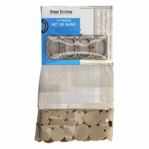 Set De Baño Cortina+Antideslizante+Ganchos Beige FREE HOME 3 Piezas