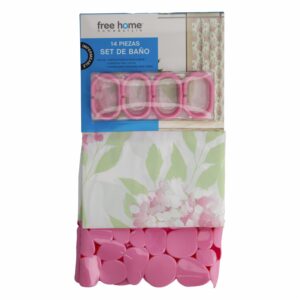 Set De Baño Cortina+Antideslizante+Ganchos Rosa FREE HOME 3 Piezas
