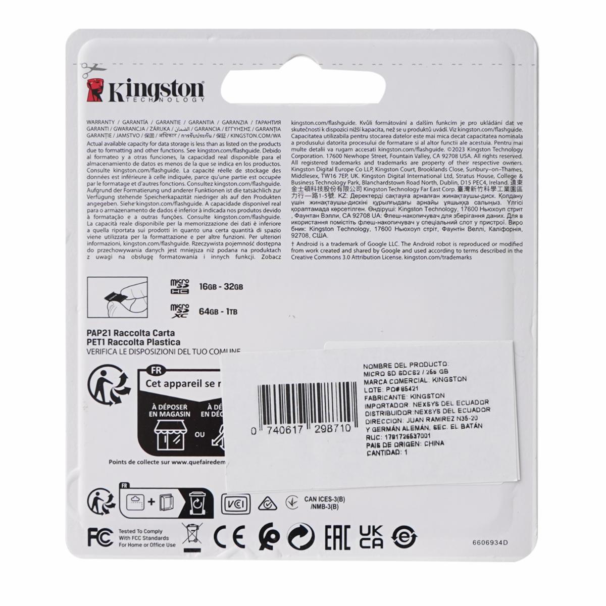 Micro SD Canvas Select Plus 100MB/S KINGSTON 256 Gb