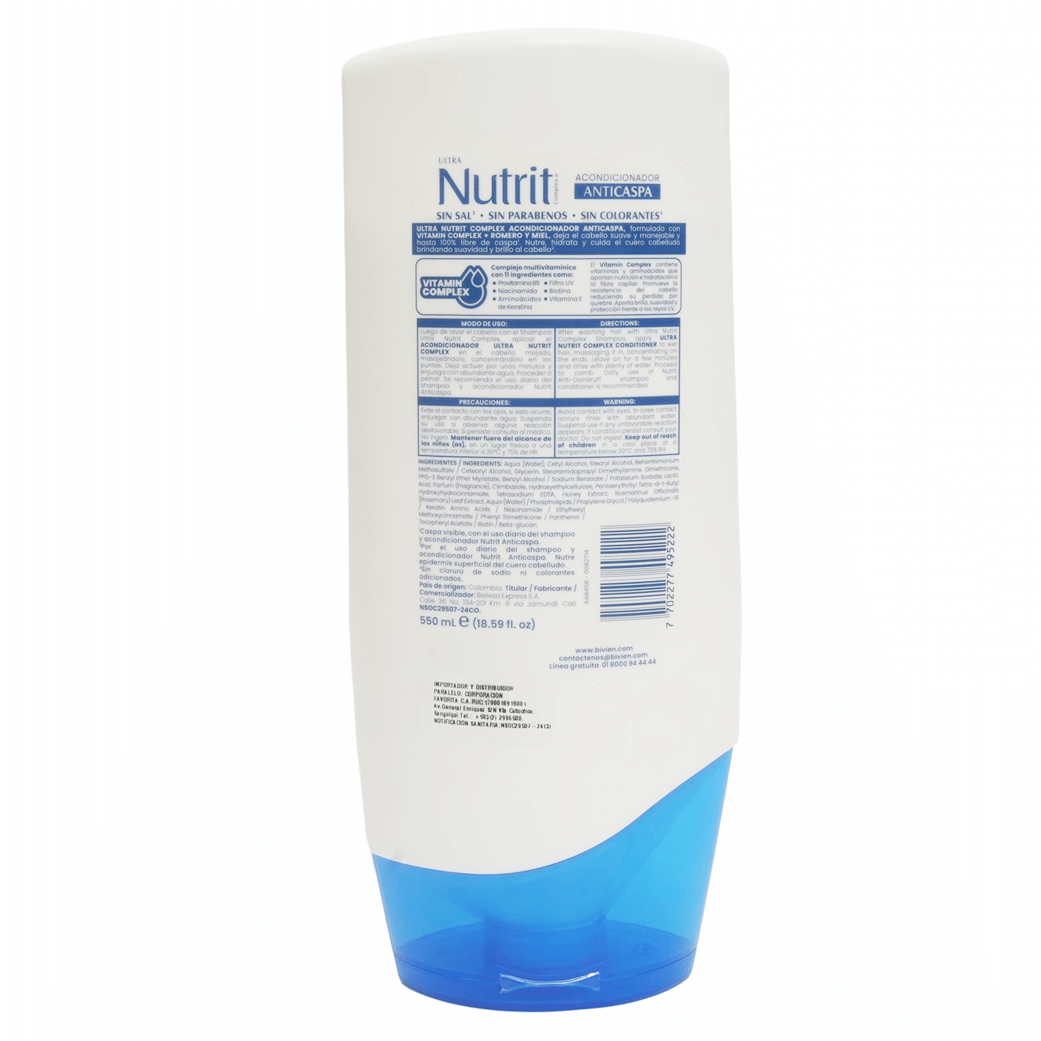 Acondicionador Anti Caspa Romero + Miel + Vitamin Complex NUTRITI 550 Ml - Imagen 2