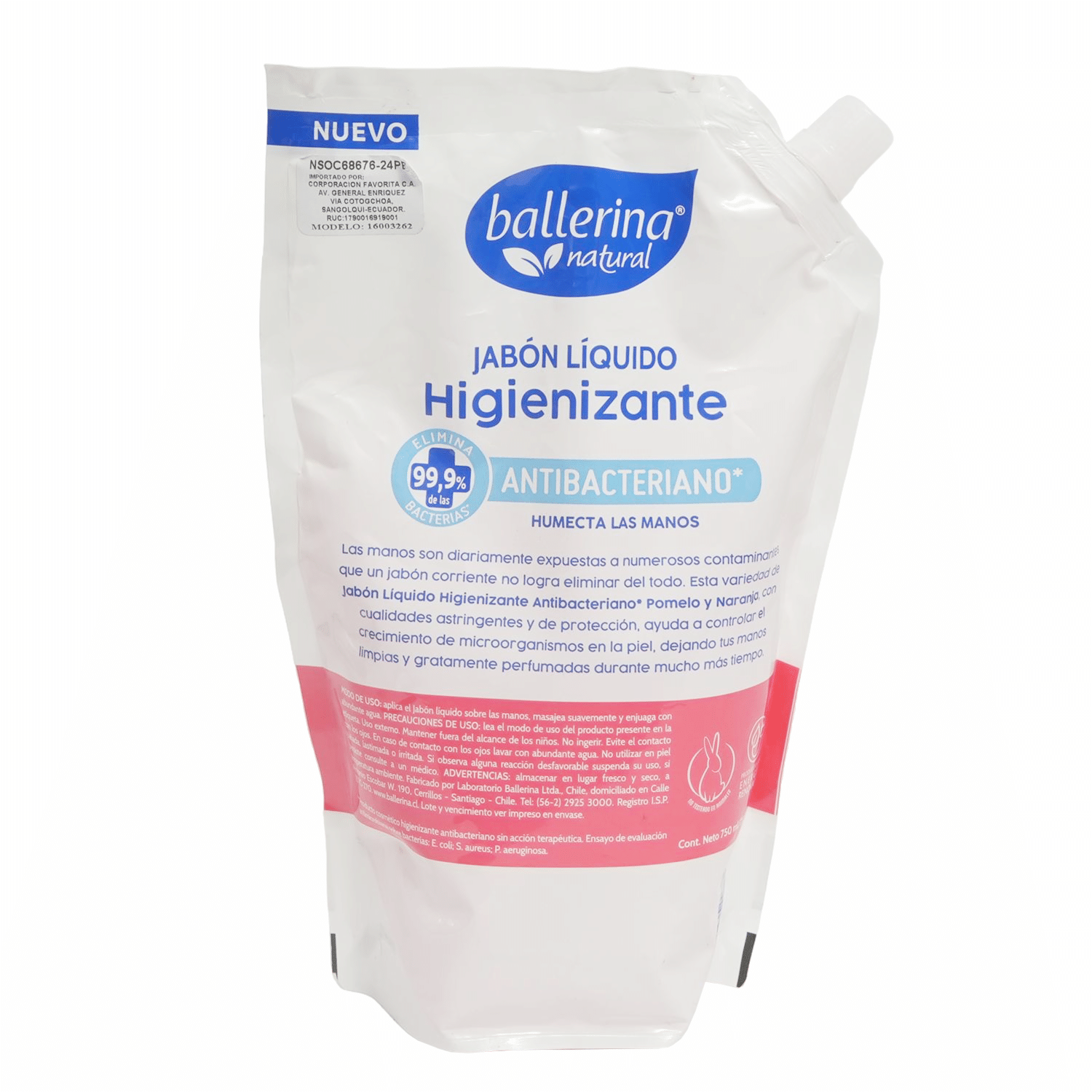 Jabón Líquido Higienizante Antibacteriano Fragancia Pomelo Y Naranja BALLERINA 750 Ml - Imagen 2