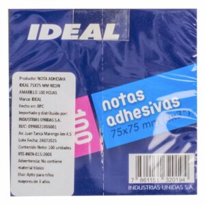 Notas Adhesivas Neón Amarillo 75X75MM IDEAL 100 Hojas