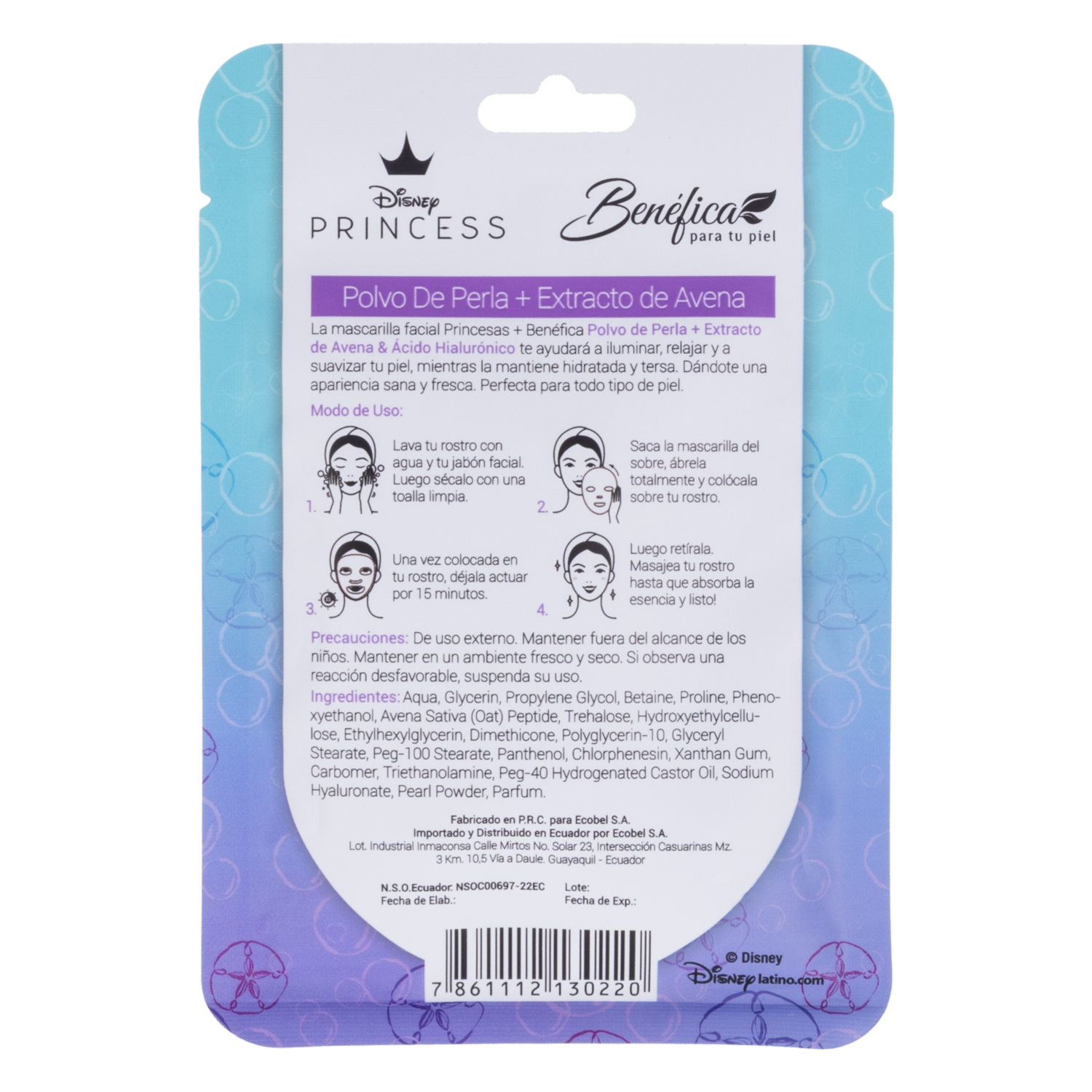 Mascarilla Facial Polvo De Perla Diseño Pricesa Ariel DISNEY Unidad