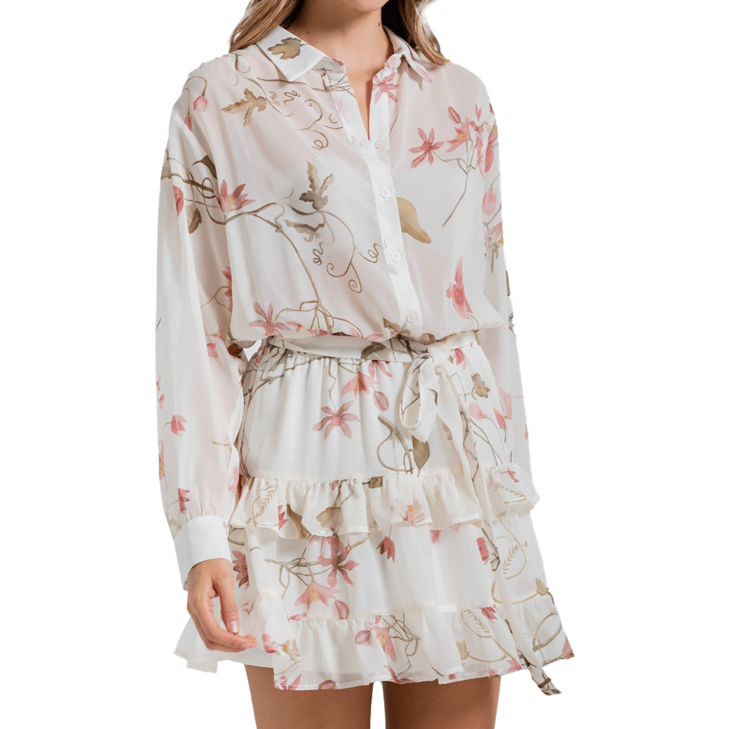 Vestido Abierto Mangas Largas Con Puño Falda Corta Con Vuelo Estampado Flores ARKITECT
