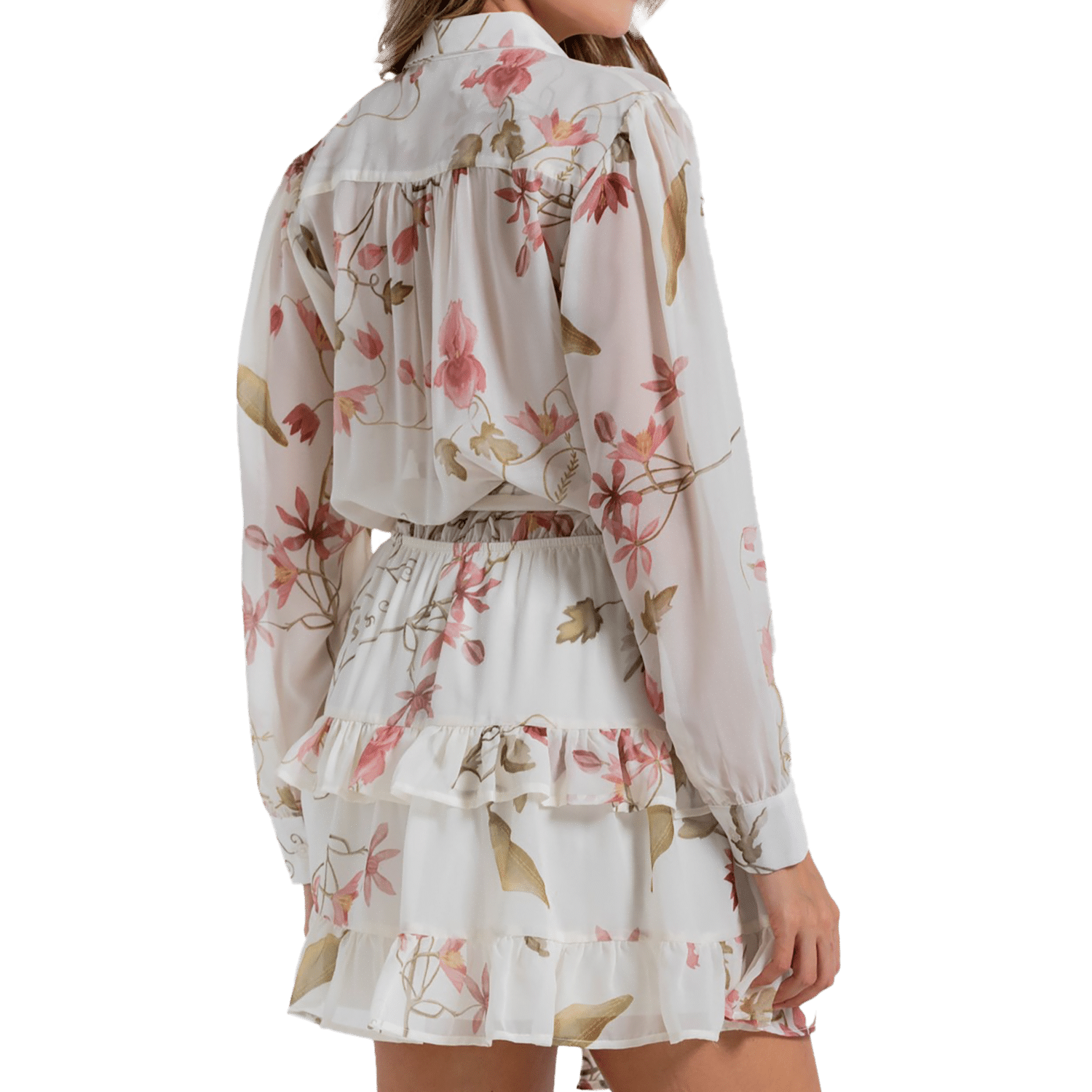 Vestido Abierto Mangas Largas Con Puño Falda Corta Con Vuelo Estampado Flores ARKITECT