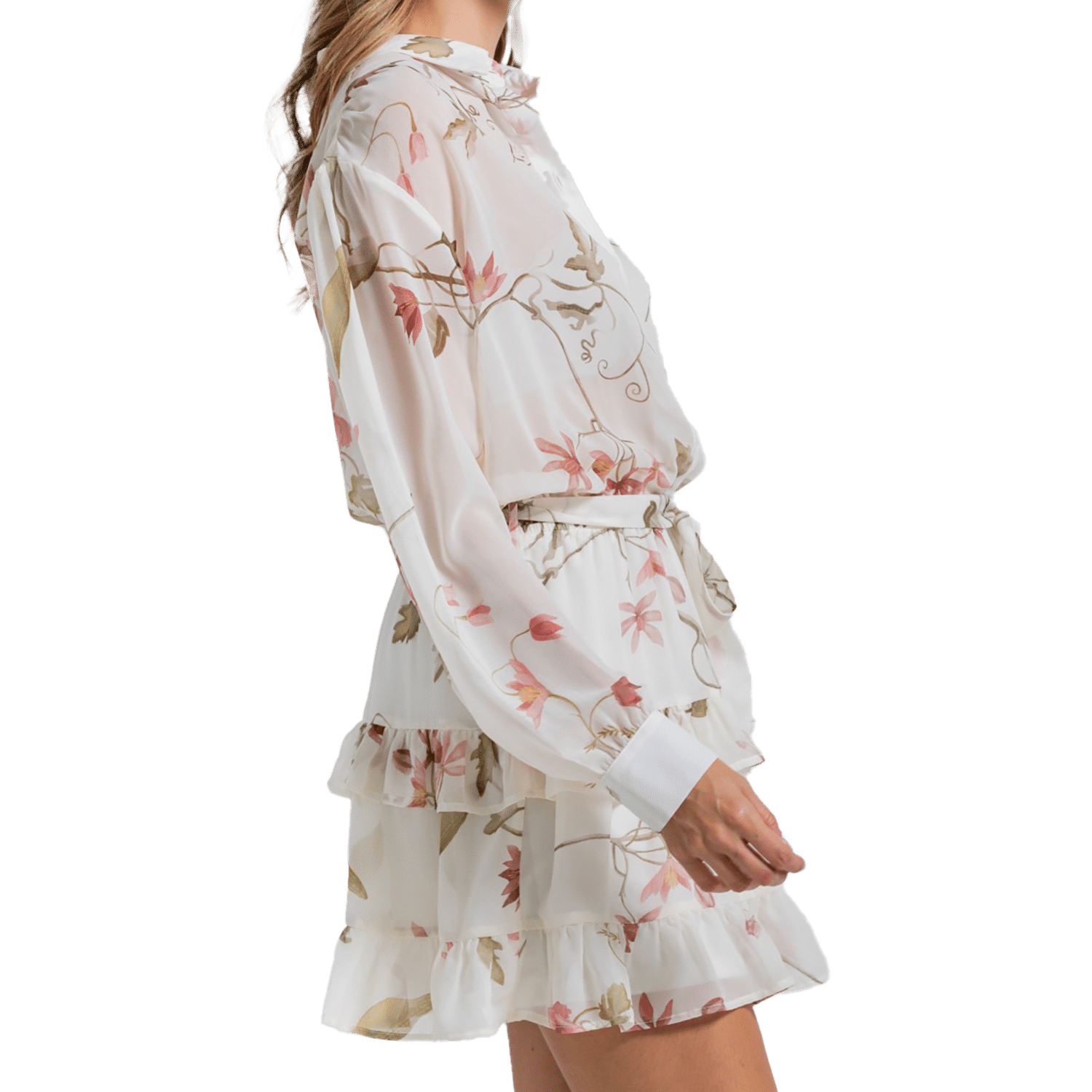 Vestido Abierto Mangas Largas Con Puño Falda Corta Con Vuelo Estampado Flores ARKITECT
