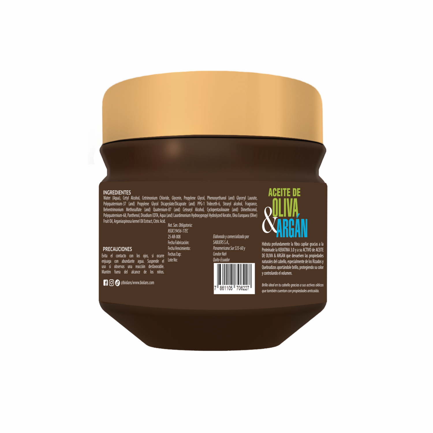 Tratamiento Capilar Recarga de Hidratación Aceite De Oliva Y Argán BIÓLANS 450 Ml
