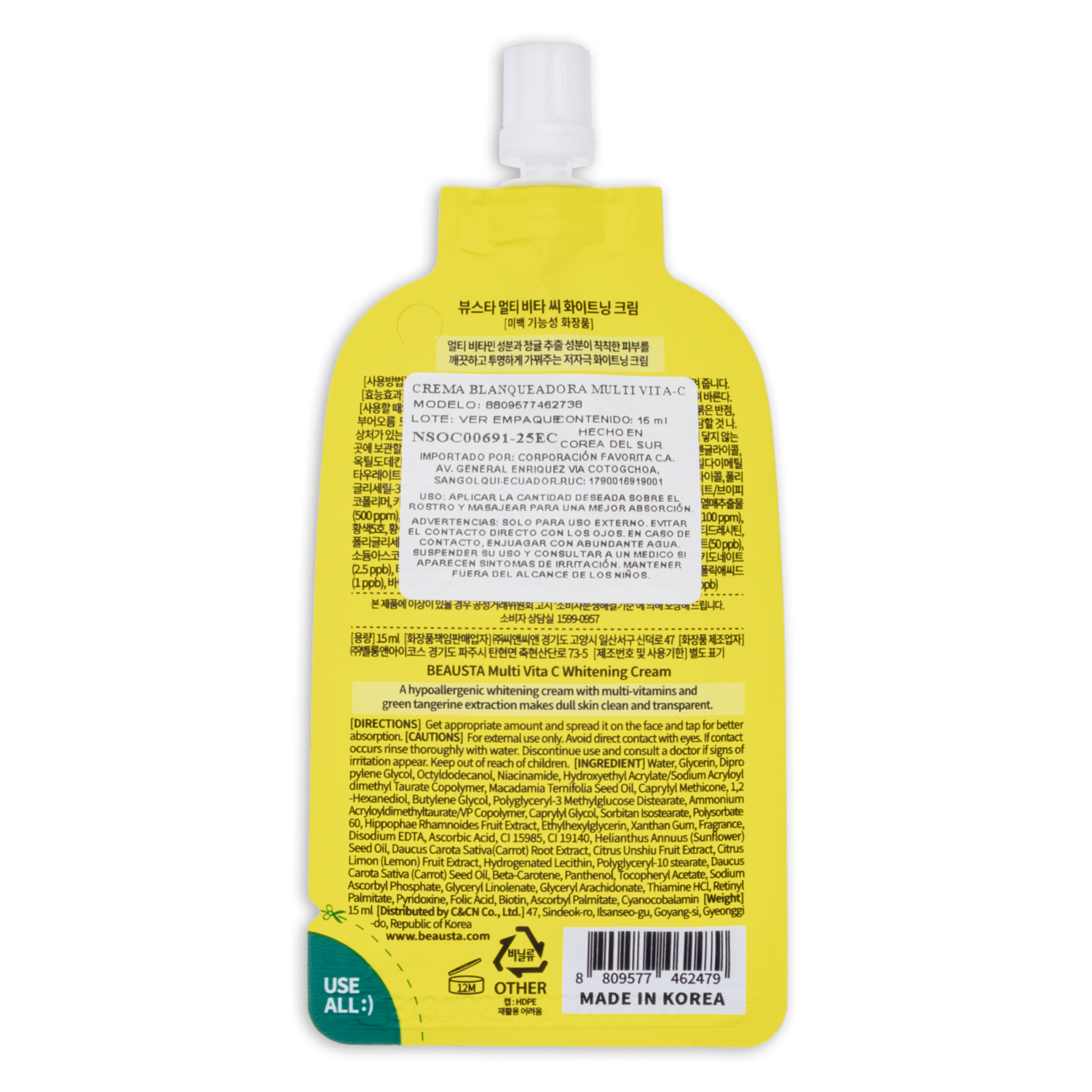 Crema Facial Blanqueadora Con Vitamina C Sachet BEAUSTA 15 Ml