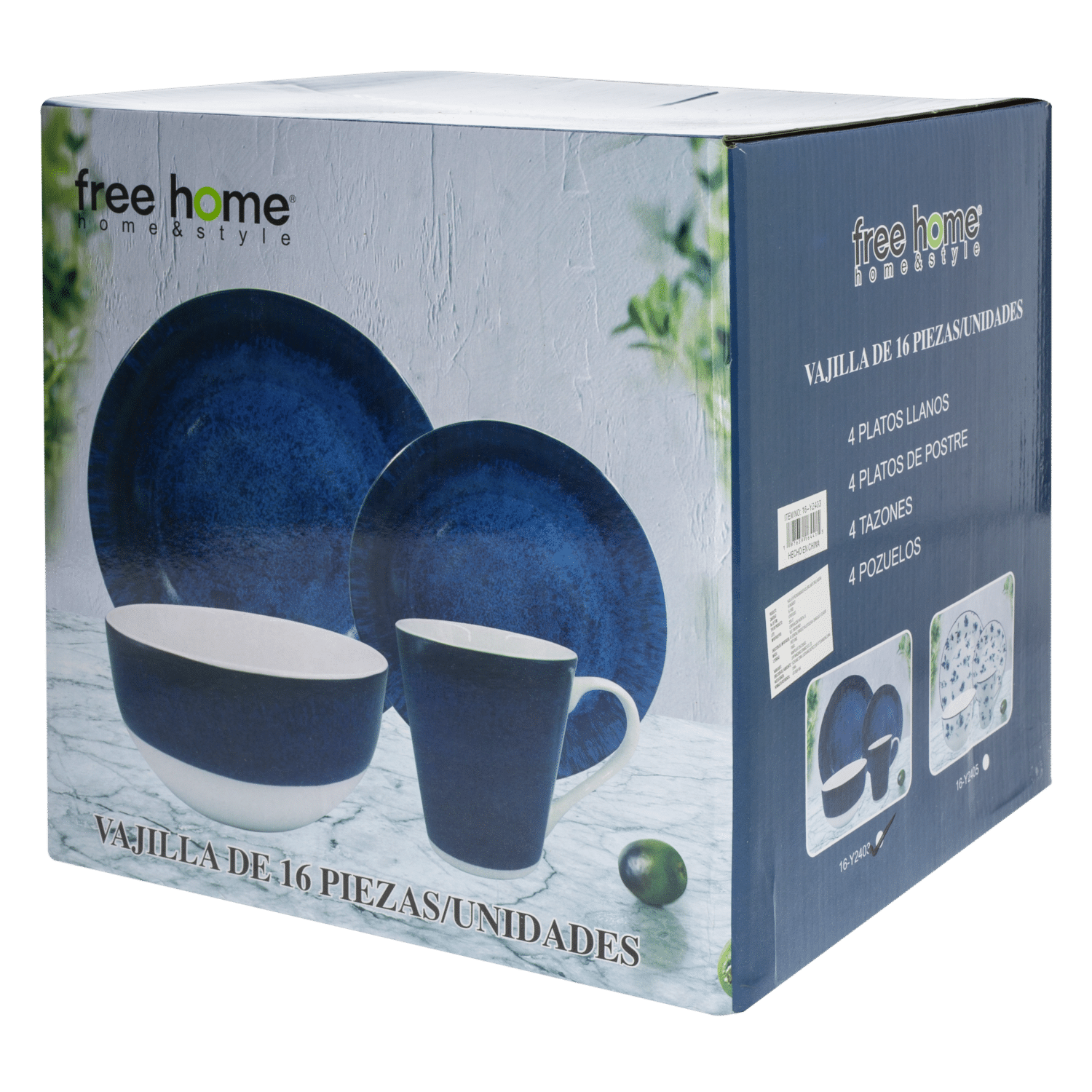 Vajilla Azul Brillante Orilla Negra FREE HOME 16 Piezas